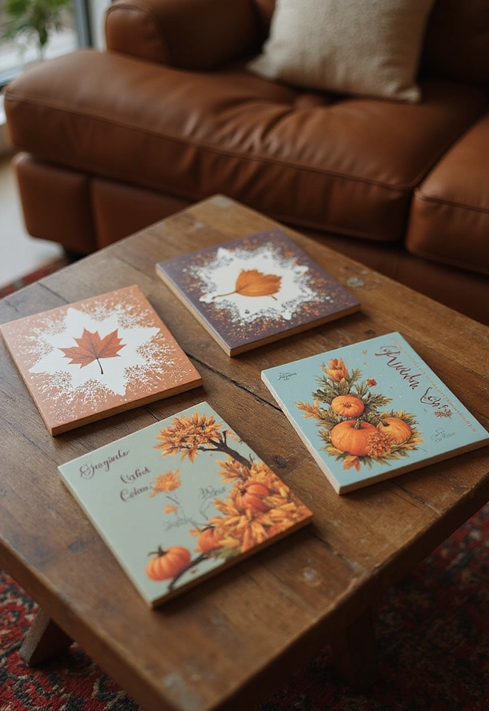 16 Easy Thanksgiving Living Room Decor Ideas for Book Lovers - 11. Themed Coasters