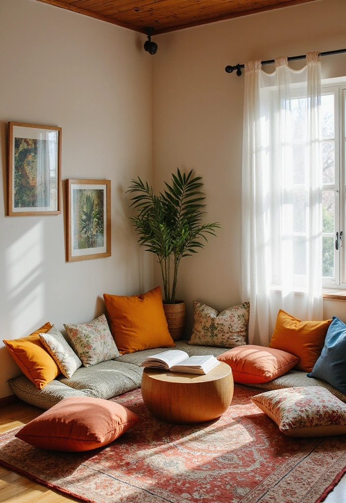 18 Cozy Japandi Book Nook Ideas for Book Lovers Who Crave Comfort! - 13. Laid-Back Floor Cushions