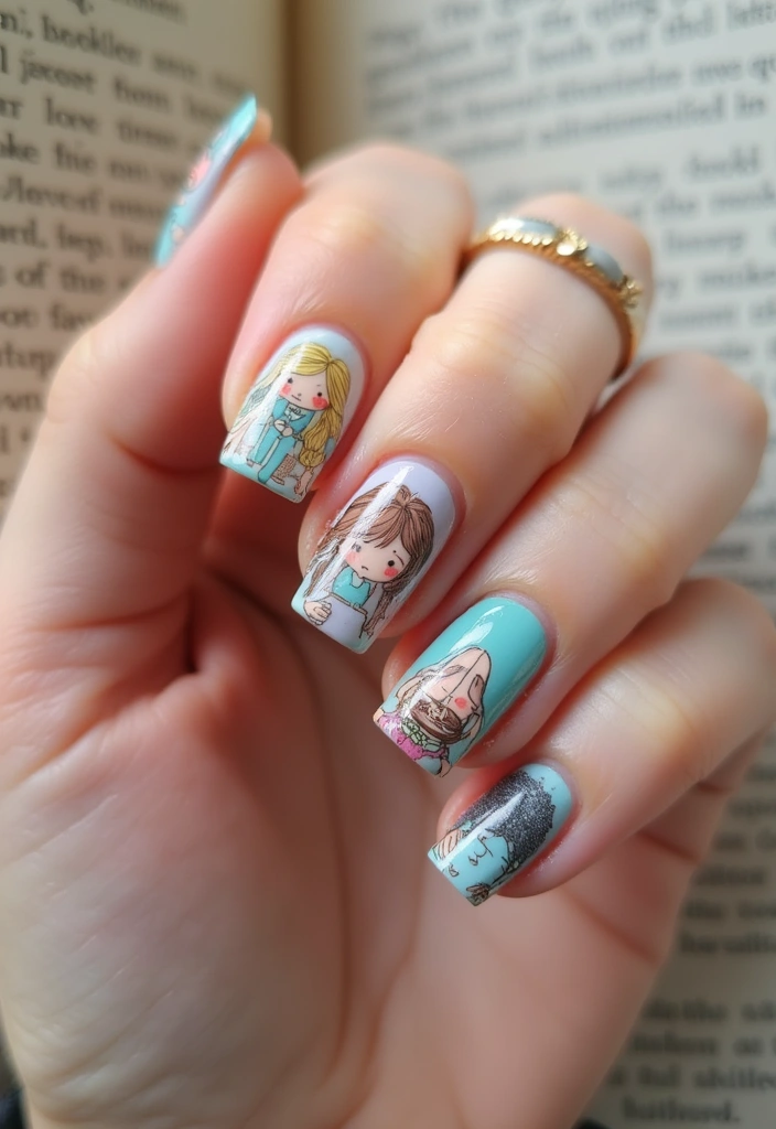 15 Personalized Square Nail Inspo for Every Book Lover (You’ll Be Inspired by #13!) - 4. Illustration of Favorite Characters