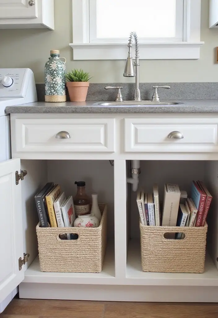 13 Small Laundry Room Ideas for Book Lovers to Save Space and Add Style - 4. Under-Sink Book Storage