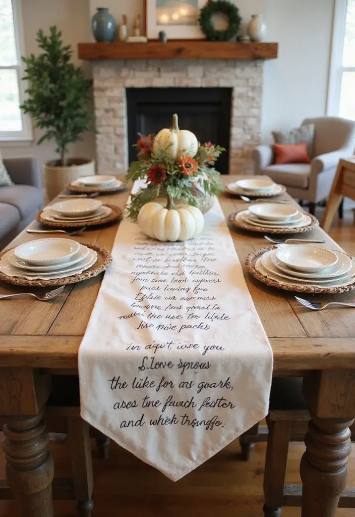 16 Easy Thanksgiving Living Room Decor Ideas for Book Lovers - 6. Thanksgiving Quote Table Runner