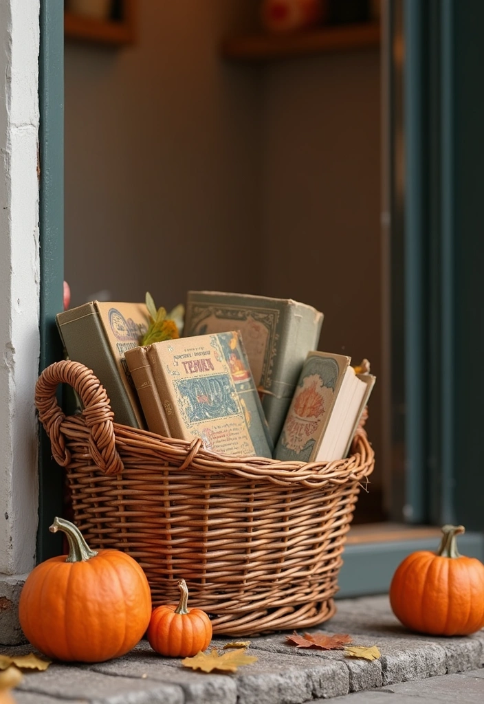 17 Enchanting Fall Door Decor Ideas for Book Lovers That Will Make Your Neighbors Jealous! - 6. Seasonal Book Basket