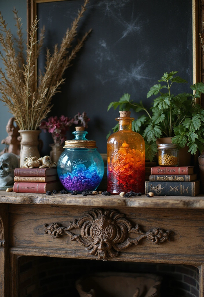 12 Easy DIY Halloween Fireplace Decor Ideas for Book Lovers - 4. Witch's Potion Display