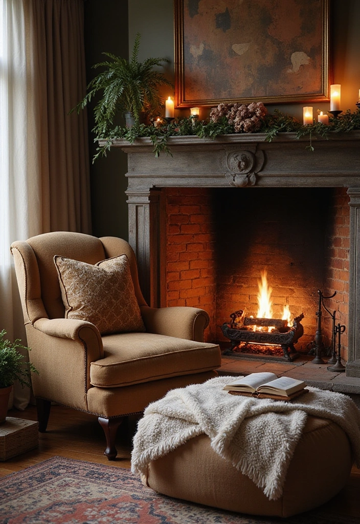 16 Easy Thanksgiving Living Room Decor Ideas for Book Lovers - 8. Hearthside Reading Space
