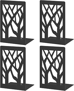 VFINE 4-Piece Modern Metal Bookends for Shelves, Black Tree Book Ends fo...