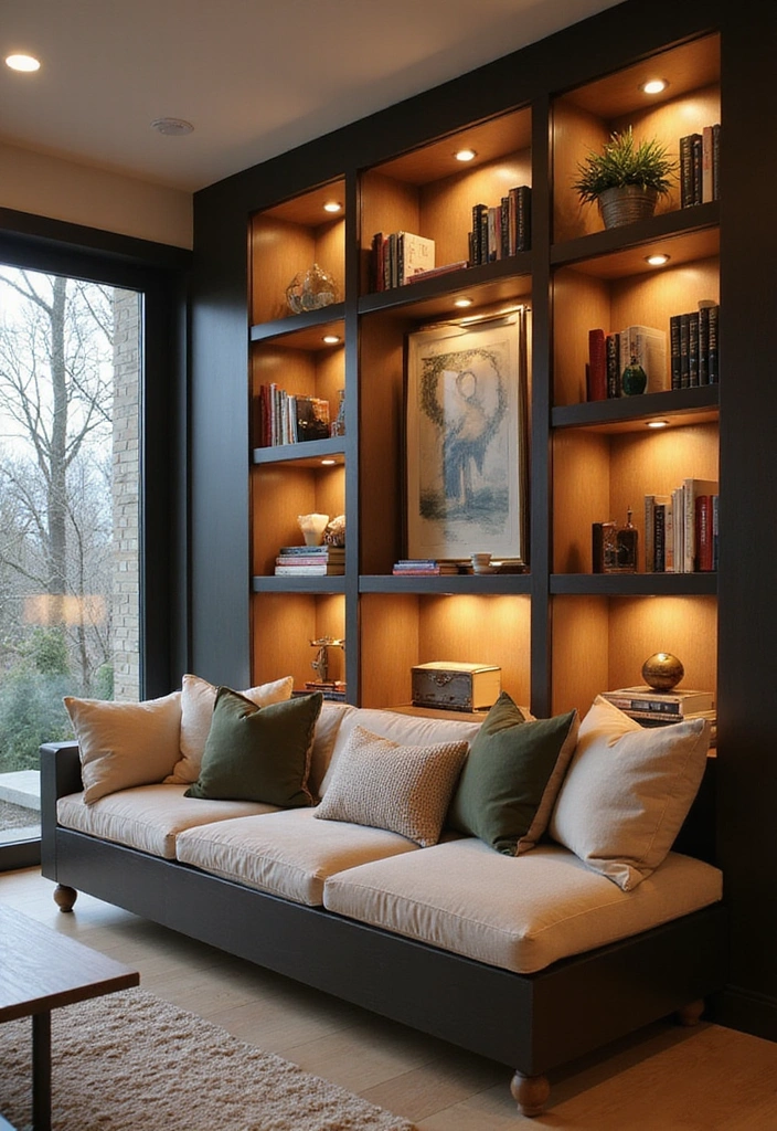 18 Cozy Japandi Book Nook Ideas for Book Lovers Who Crave Comfort! - 12. Integrated Shelving with Reading Light