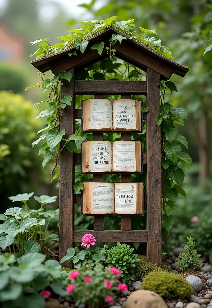 15 DIY Mini Japanese Garden Decor Projects for Book Lovers - 14. DIY Garden Trellis with Book Quotes