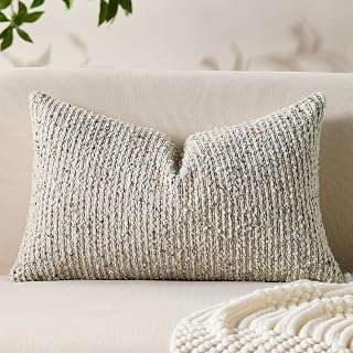Decorative Lumbar Pillow Cover 12x20 Cream White Striped Soft Wool Lumba...