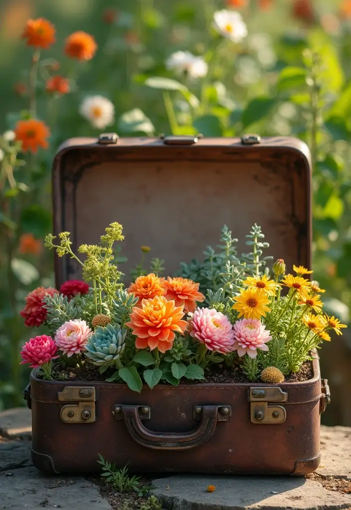 19 DIY Cottagecore Garden Decor Ideas for Book Lovers - 13. Vintage Suitcase Planters