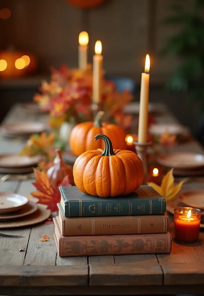 11 Thanksgiving Decor Ideas for Book Lovers That Will Make Your Home a Cozy Retreat! - 1. Autumn Book Stack Centerpieces