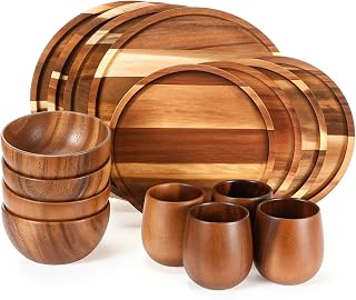 Maxdot 16 Pcs Acacia Wood Dinnerware Set, Round Wooden Plates,Solid Wood...