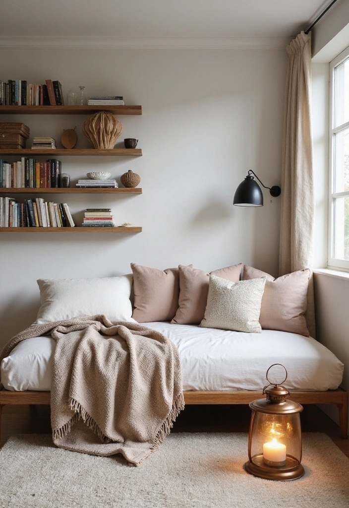 18 Cozy Japandi Book Nook Ideas for Book Lovers Who Crave Comfort! - 1. Minimalist Corner with a Daybed