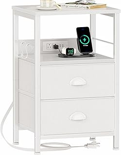 Furologee End Table with Charging Station, Nightstand with Fabric Drawer...