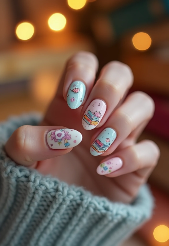 9 Cute Birthday Nail Ideas Every Book Lover Will Love - 8. Cup of Tea & Books
