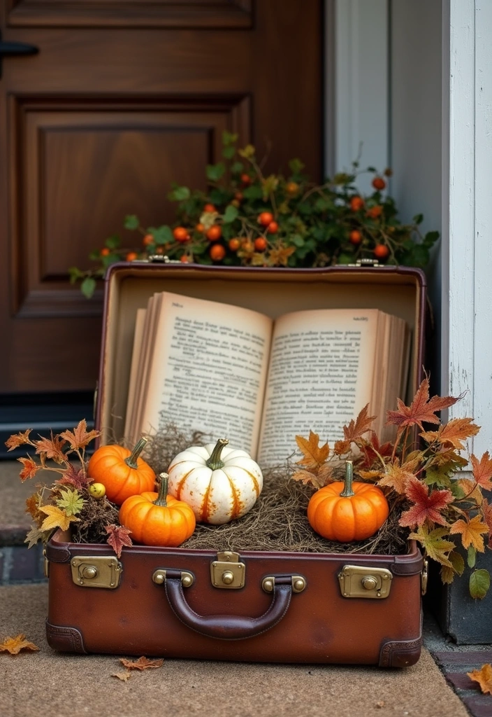 17 Enchanting Fall Door Decor Ideas for Book Lovers That Will Make Your Neighbors Jealous! - 7. Vintage Suitcase Display