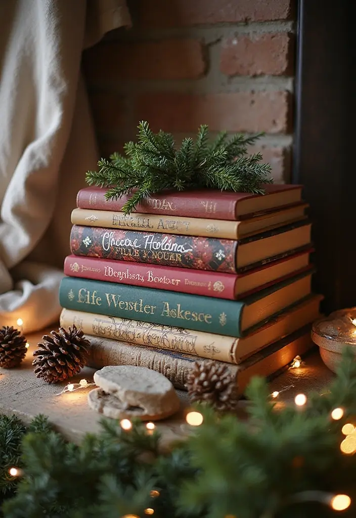 17 Whimsical Bookish Mantel Decor Ideas for Christmas  - 1. Enchanted Book Stack Display