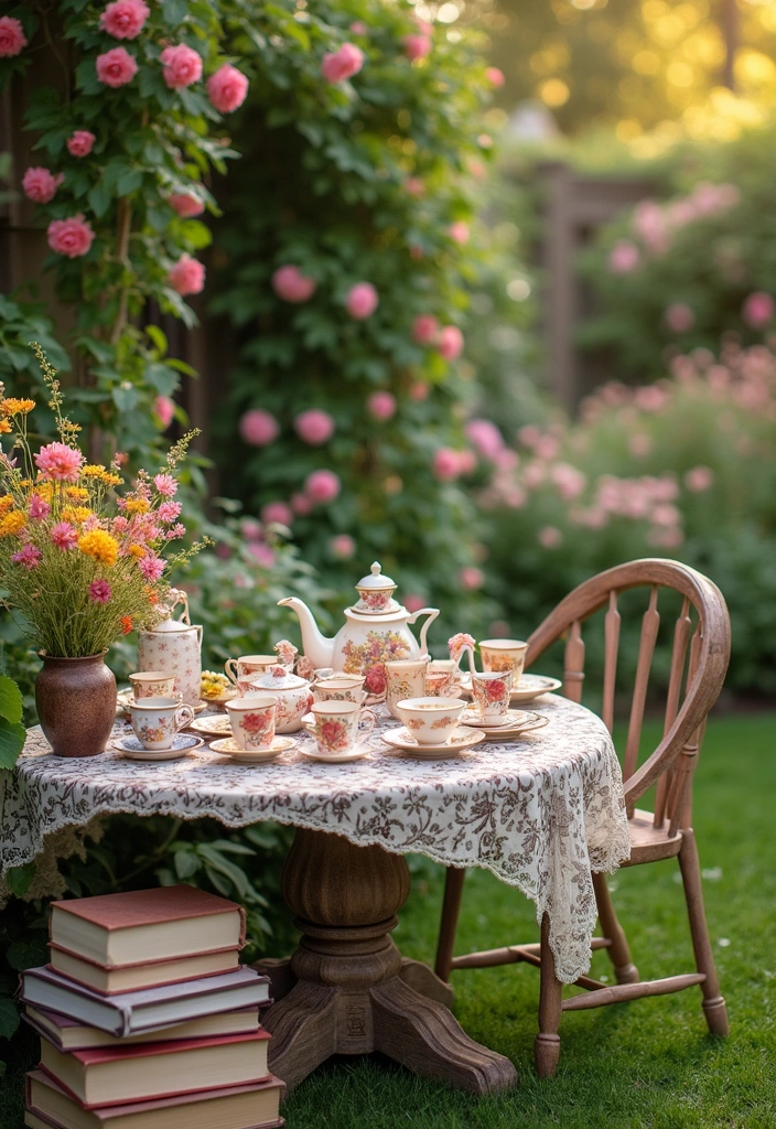 19 DIY Cottagecore Garden Decor Ideas for Book Lovers - 19. Tea Party Setup