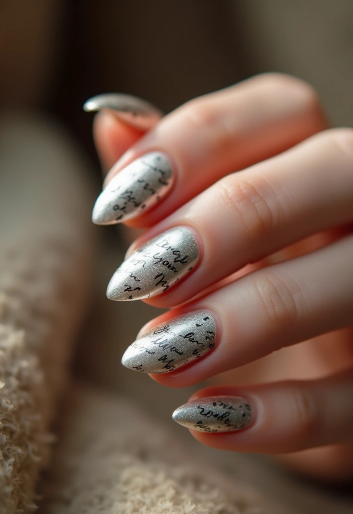 16 Chic Chrome Nail Art Ideas for the Stylish Bookworm (Don't Miss #3!) - 1. Classic Silver Chrome with Literary Quotes