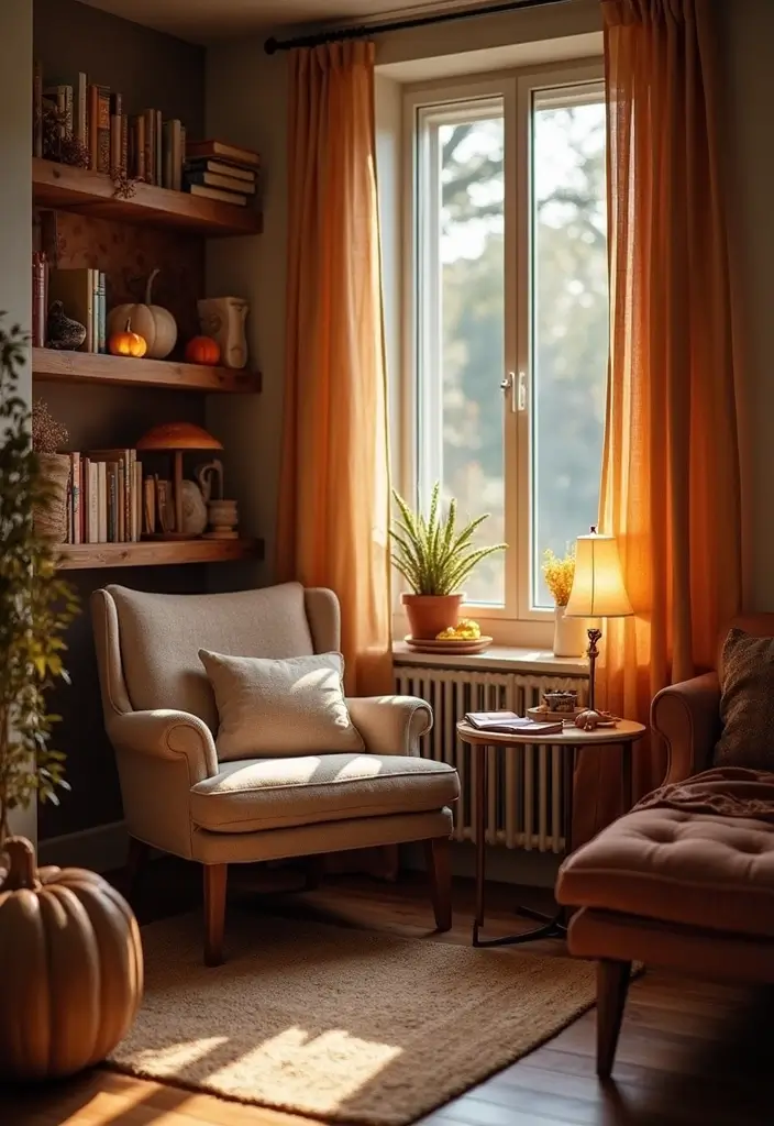 16 Easy Thanksgiving Living Room Decor Ideas for Book Lovers - 1. Cozy Book Nook