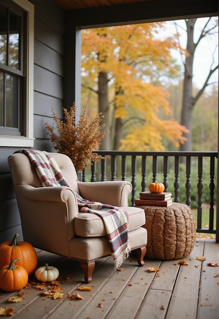 17 Enchanting Fall Door Decor Ideas for Book Lovers That Will Make Your Neighbors Jealous! - 4. Fall-Themed Book Nook on Your Porch