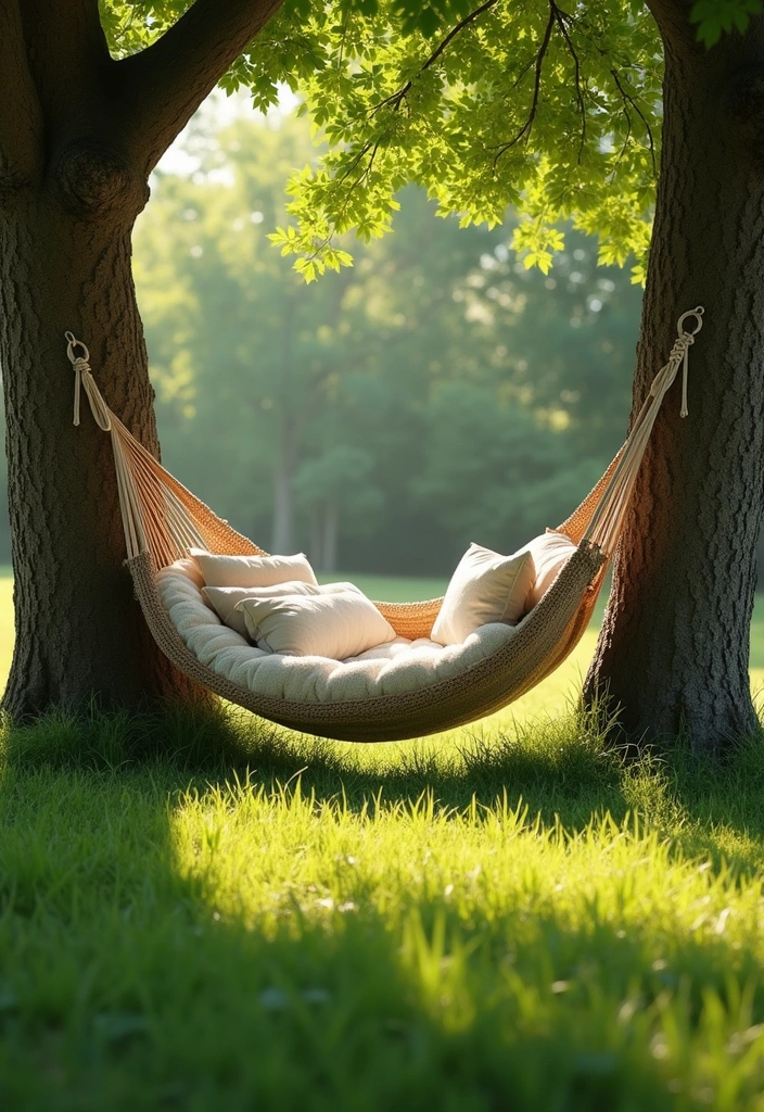 11 Minimalist Garden Nook Ideas for Bookworms (Elegance Meets Comfort!) - 9. A Natural Hammock Hideaway