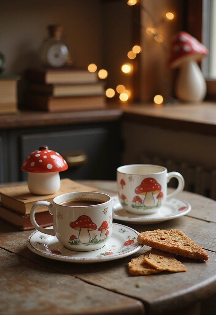 15 Whimsical Mushroom Kitchen Designs That Will Make Every Bookworm Smile! - 15. Whimsical Mushroom-themed Coffee Station