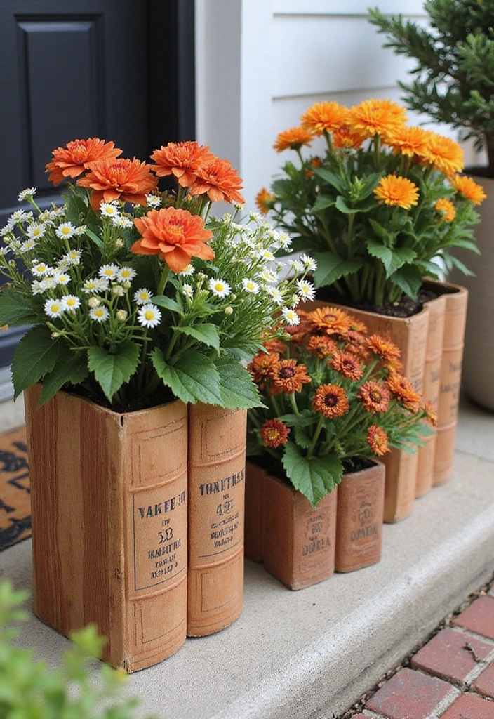 17 Enchanting Fall Door Decor Ideas for Book Lovers That Will Make Your Neighbors Jealous! - 9. Upcycled Book Planters