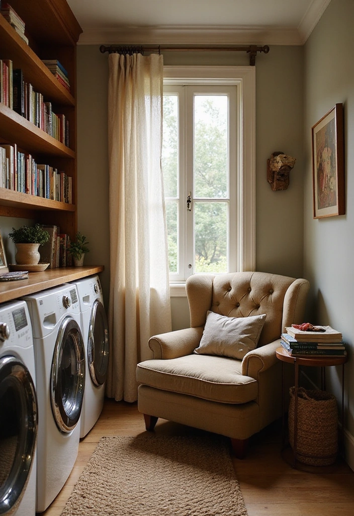 13 Small Laundry Room Ideas for Book Lovers to Save Space and Add Style - 5. A Cozy Reading Spot