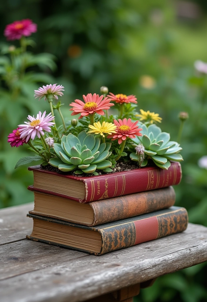 19 DIY Cottagecore Garden Decor Ideas for Book Lovers - 2. Vintage Book Planters