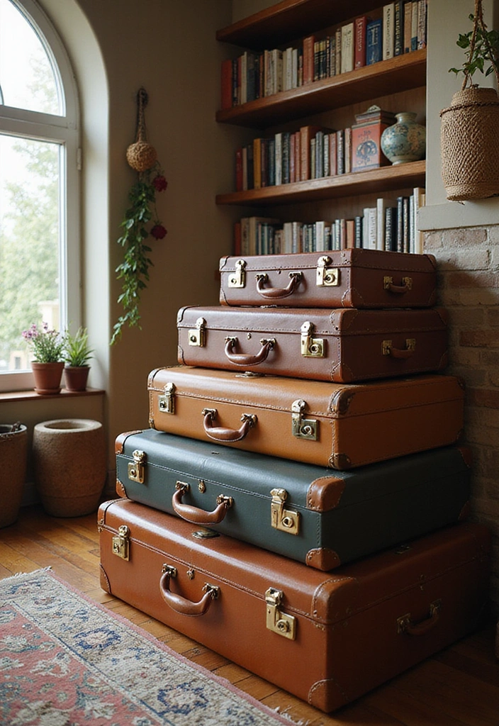 16 Easy Thanksgiving Living Room Decor Ideas for Book Lovers - 7. Vintage Suitcase Book Display