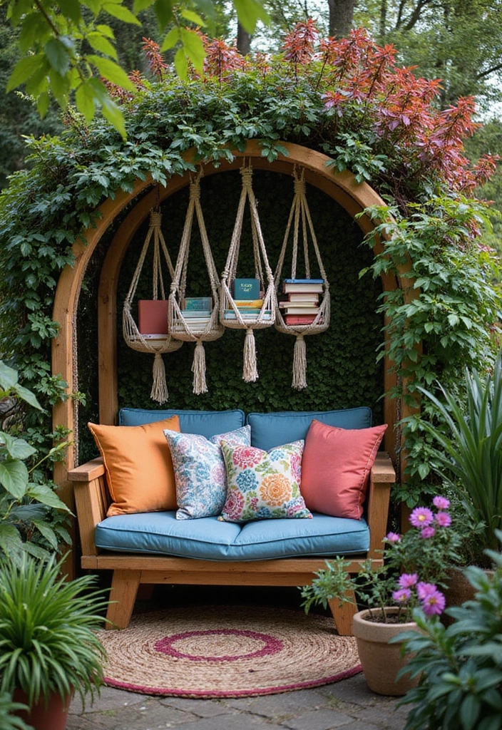12 Boho Garden Decor Ideas Every Book Lover Will Adore - 1. Book Nook with Macrame Hangers