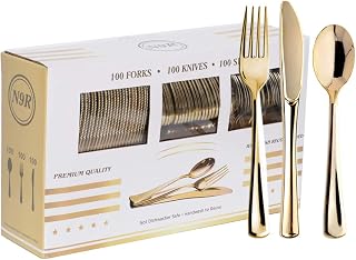 N9R 300PCS Gold Plastic Silverware, Heavy Duty Gold Plastic Cutlery Set ...