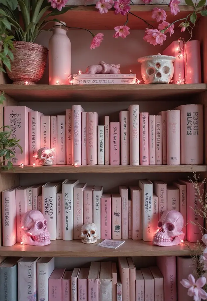13 Adorable Pink Halloween Decor Ideas Every Book Lover Will Love - 2. Enchanted Bookshelf Displays