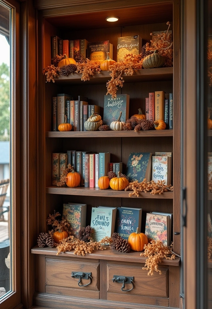 17 Enchanting Fall Door Decor Ideas for Book Lovers That Will Make Your Neighbors Jealous! - 17. Seasonal Bookshelf with Fall Novels