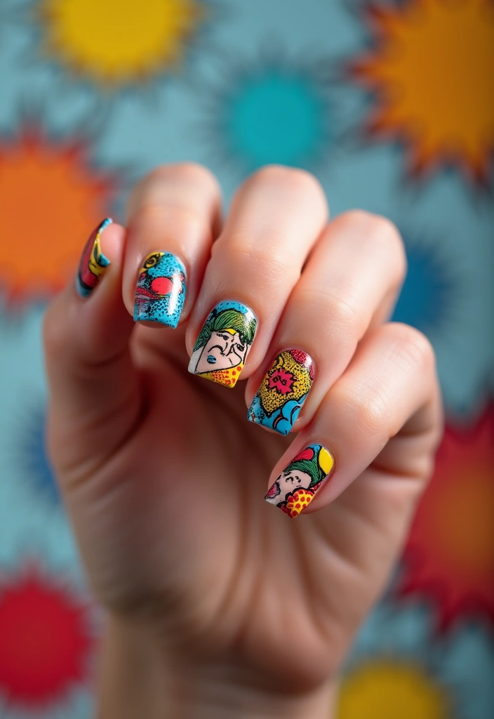 15 Personalized Square Nail Inspo for Every Book Lover (You’ll Be Inspired by #13!) - 10. Comic Book Nail Art