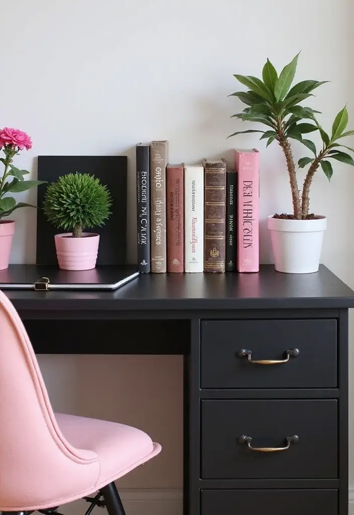 17 DIY Black and Pink Room Decor Ideas for Book Lovers  - 7. Stylish Desk Setup