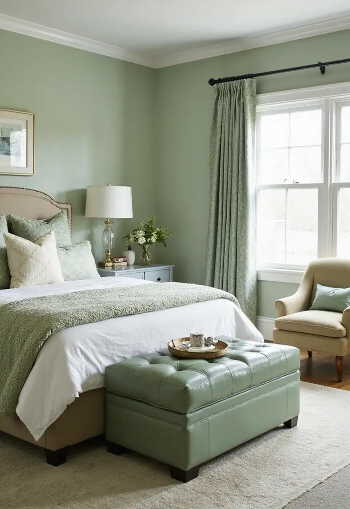 16 Sage Green Bedroom Decor Ideas That Speak to Every Book Lover’s Heart! - 14. Sage Green Accent Furniture