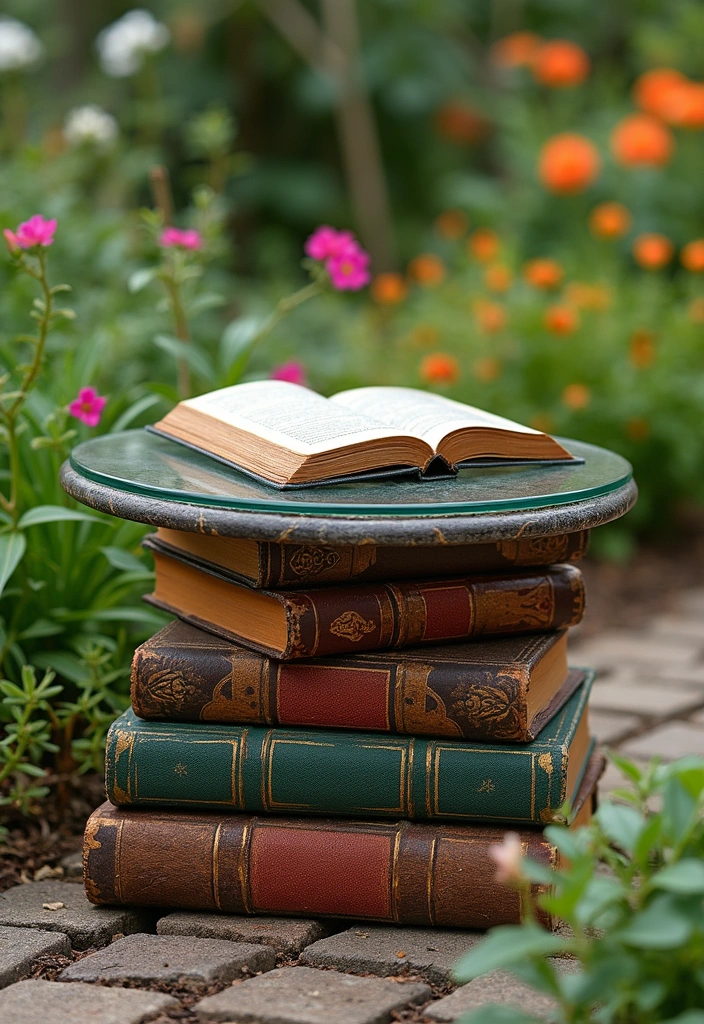15 DIY Mini Japanese Garden Decor Projects for Book Lovers - 13. Book Stack Garden Table
