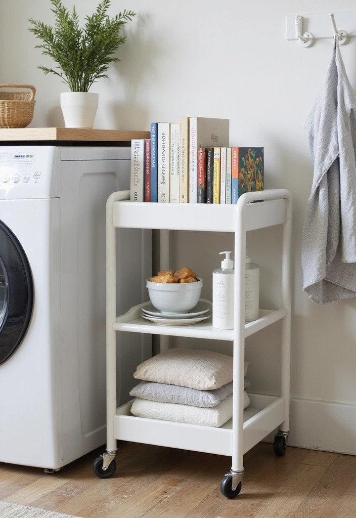 13 Small Laundry Room Ideas for Book Lovers to Save Space and Add Style - 10. Cart with Book Storage