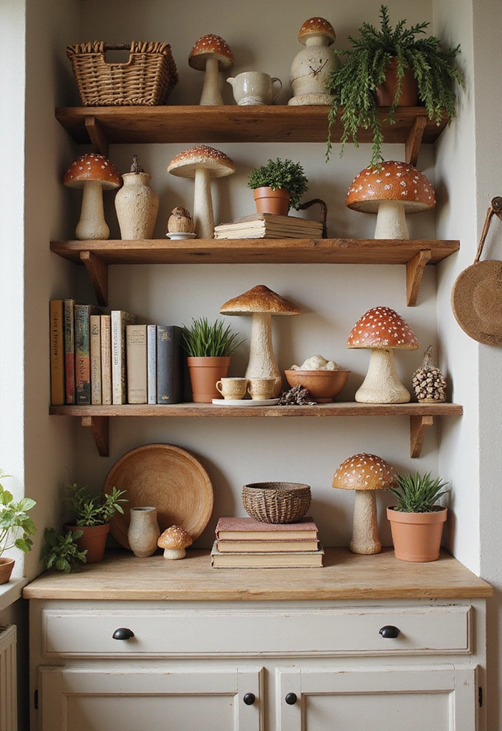 15 Whimsical Mushroom Kitchen Designs That Will Make Every Bookworm Smile! - 14. Creative Mushroom Shelf Displays