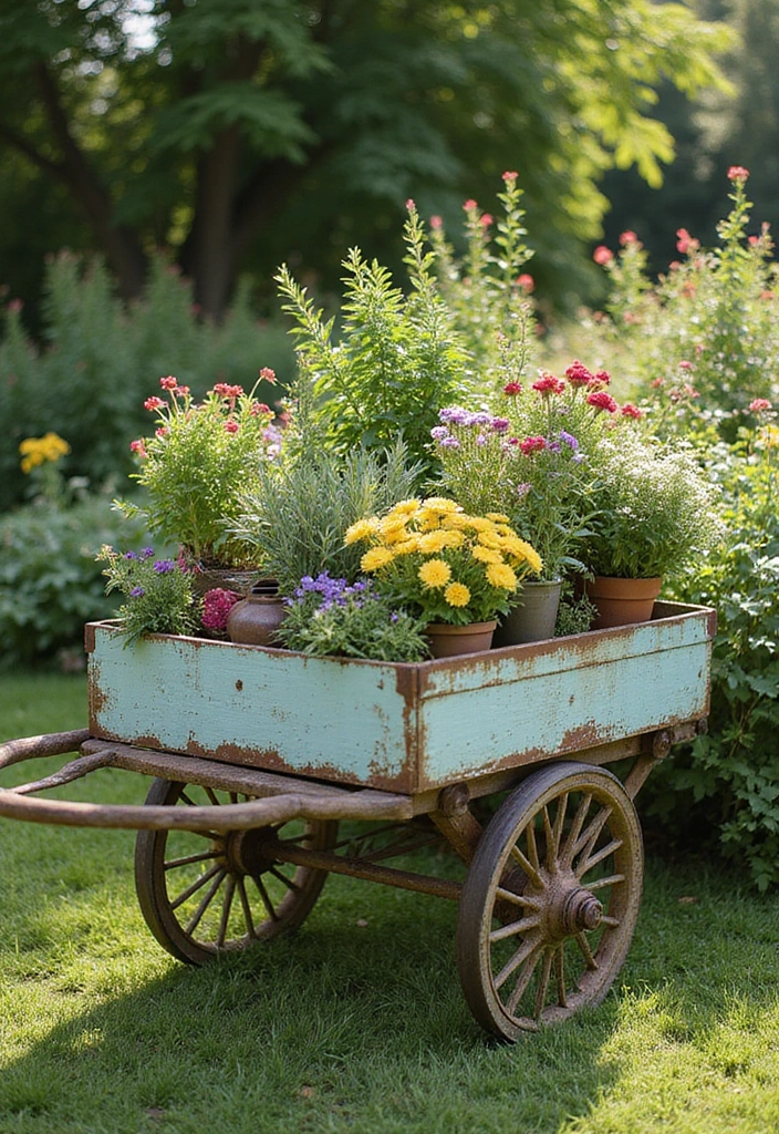 19 DIY Cottagecore Garden Decor Ideas for Book Lovers - 6. Repurposed Garden Cart
