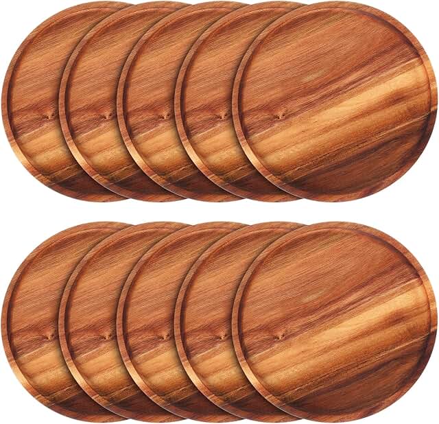 Rtteri 10 Pieces Acacia Round Wood Plates 12 x 0.6 Inch Dinner Plates Wo...