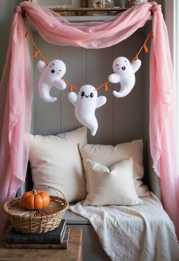 13 Adorable Pink Halloween Decor Ideas Every Book Lover Will Love - 3. Whimsical Ghost Garlands