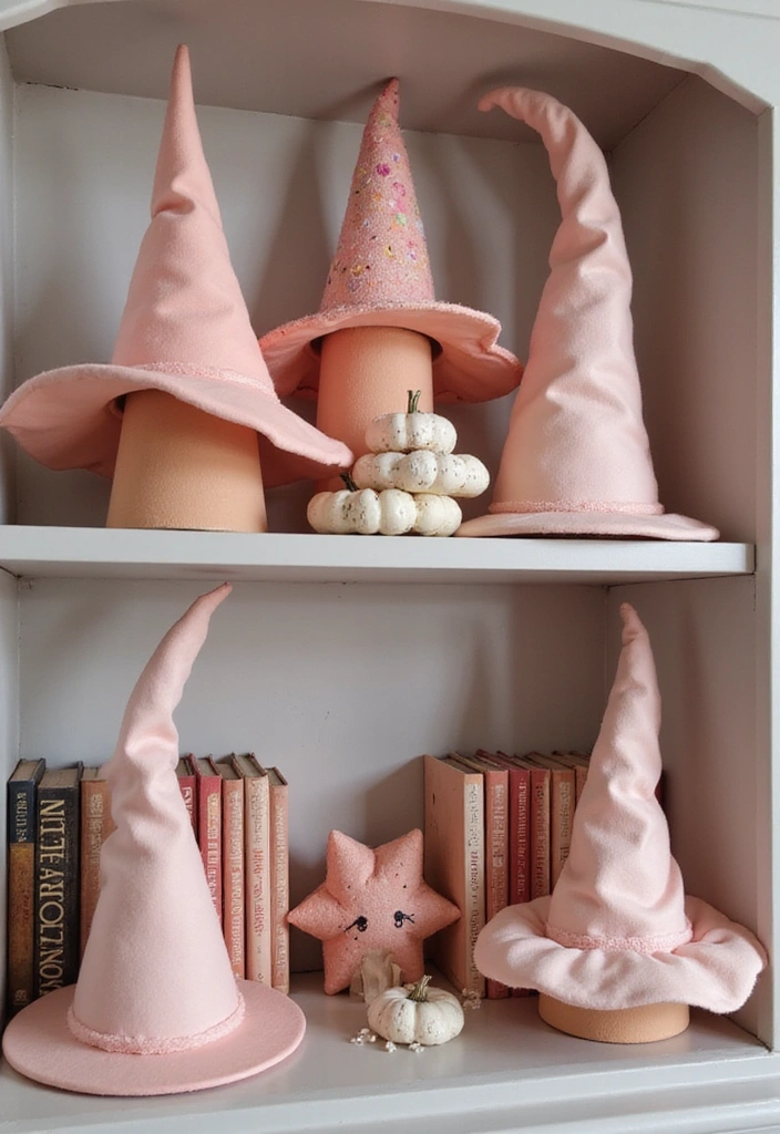 13 Adorable Pink Halloween Decor Ideas Every Book Lover Will Love - 7. Pastel Witch Hat Decor