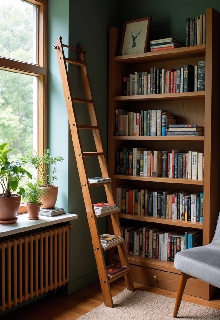 15 Mid-Century Book Nook Decor Ideas That'll Make You Want to Curl Up with a Classic! - 15. Bookshelf Ladder Accessory