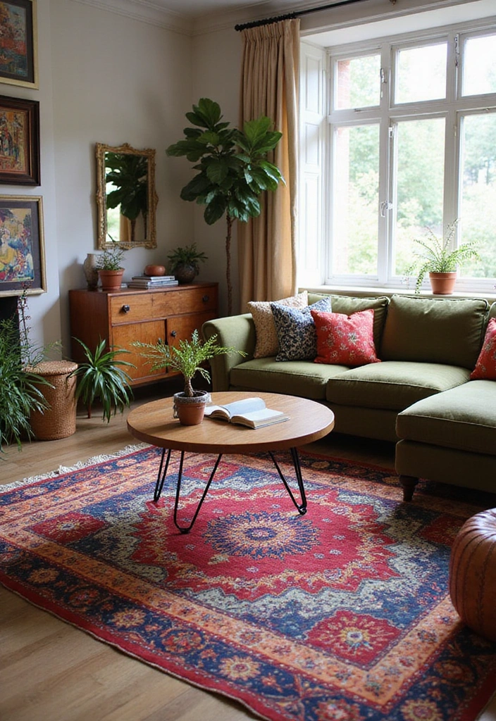 15 Boho Living Room Decor Ideas Every Book Lover Needs to Try - 8. A Statement Rug to Tie it All Together