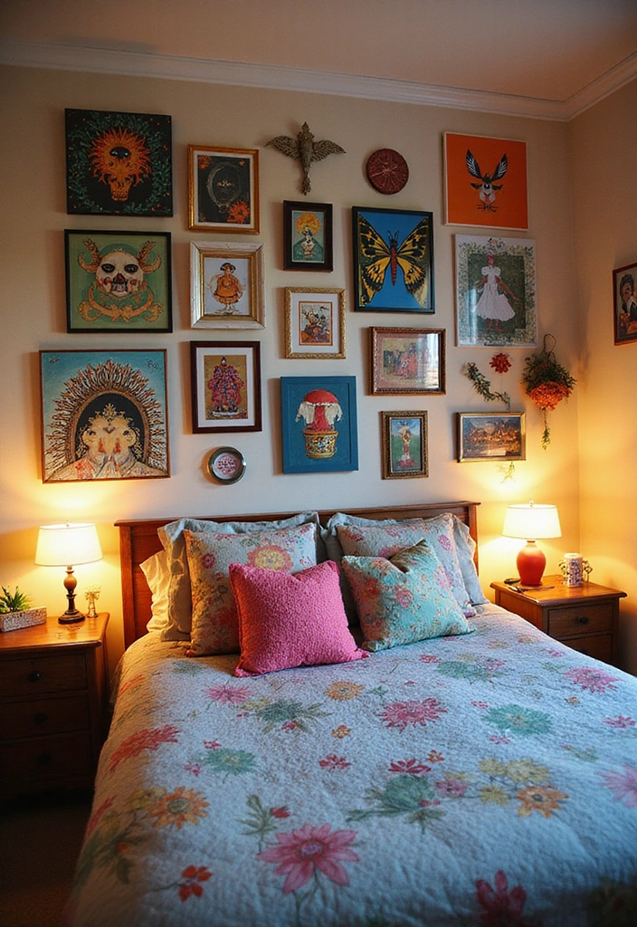 12 Whimsical Maximalist Bedroom Decor Ideas for Book Lovers with Imagination! - 7. Eclectic Wall Art Arrangement