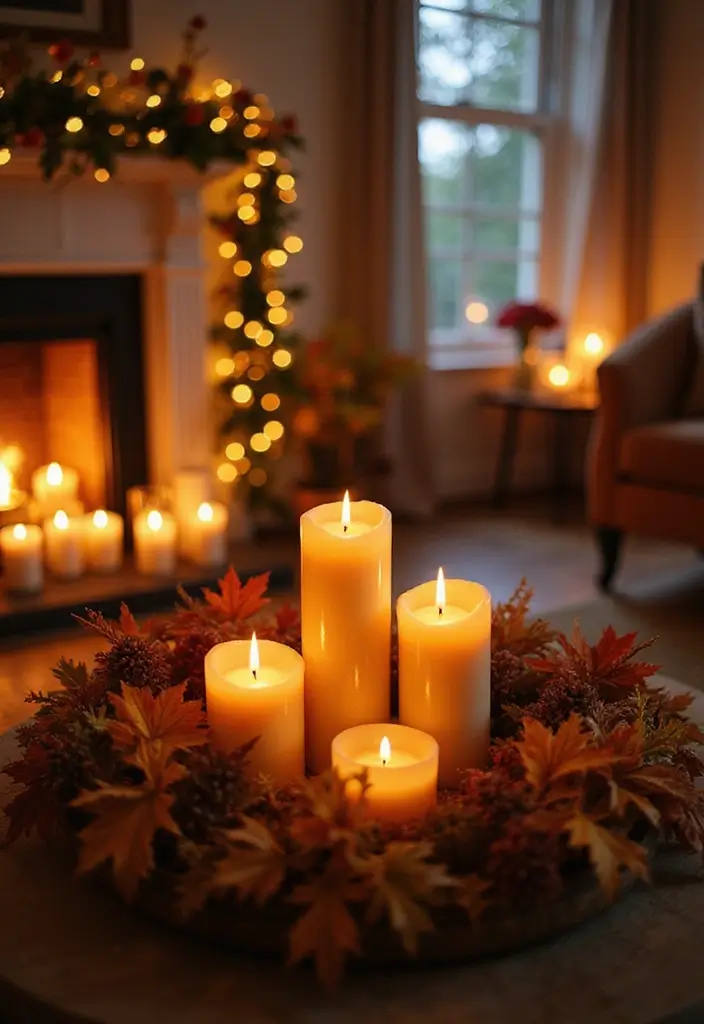 16 Easy Thanksgiving Living Room Decor Ideas for Book Lovers - 2. Warm Candle Arrangements