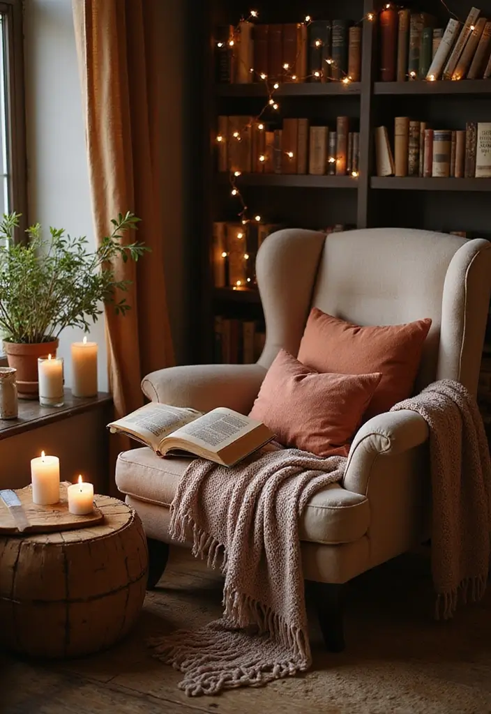 11 Thanksgiving Decor Ideas for Book Lovers That Will Make Your Home a Cozy Retreat! - 3. Cozy Reading Nook with Fall Accents