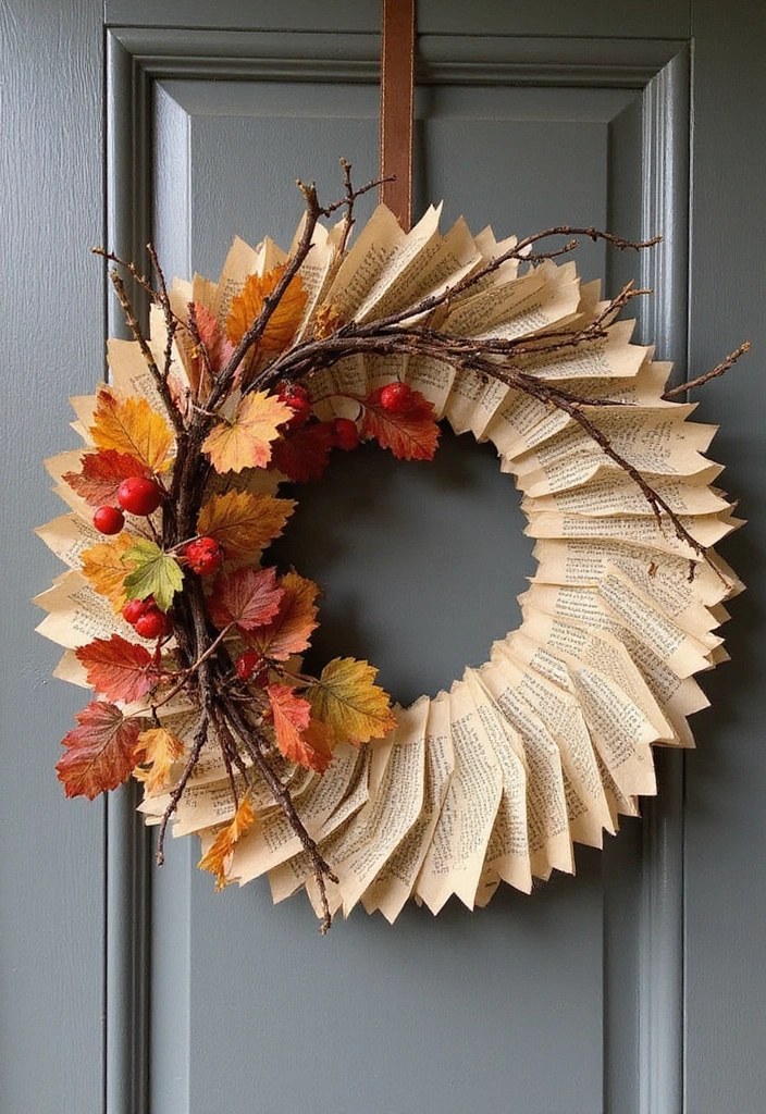 17 Enchanting Fall Door Decor Ideas for Book Lovers That Will Make Your Neighbors Jealous! - 2. Autumn Wreath Made of Book Pages